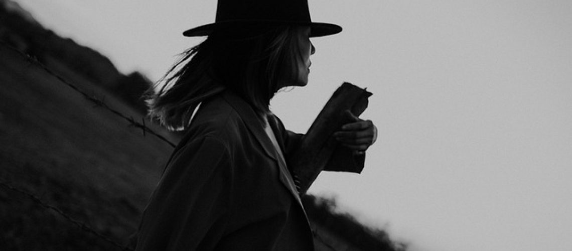 woman, field, portrait, meadow, model, sunset, nature, fashion, fedora, black and white